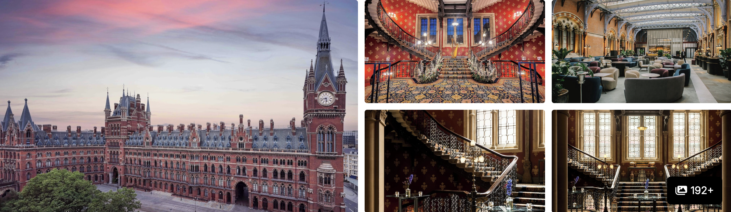 Photos of St. Pancras Renaissance Hotel London: gothic red-brick facade at dusk, grand staircase and ornate lounges
