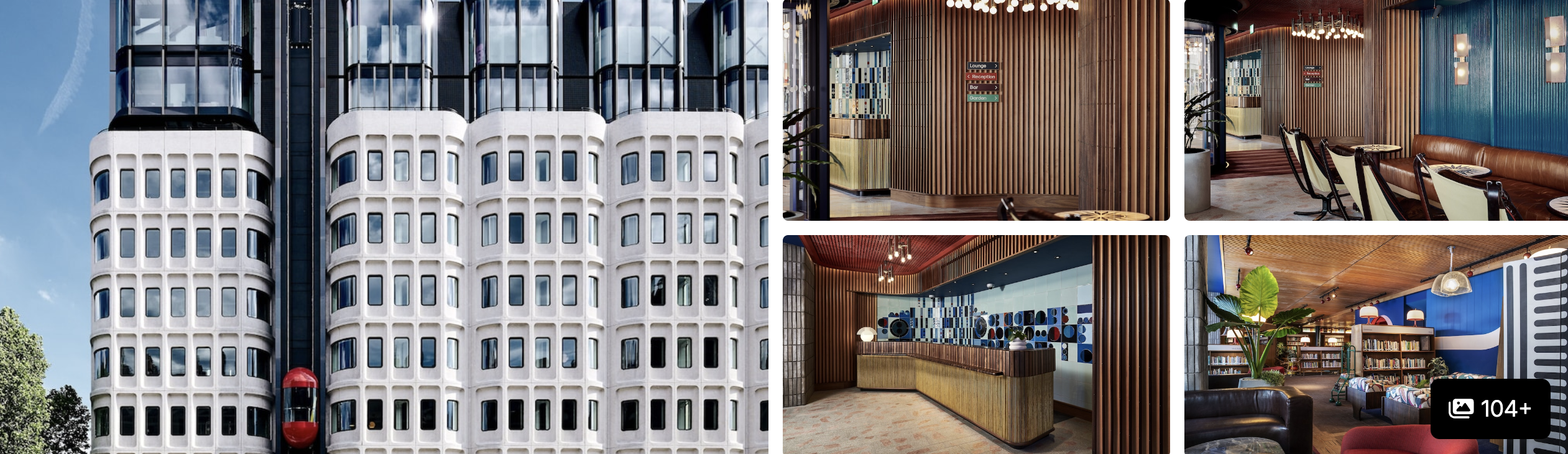 Photos of The Standard, London: curved white facade with red lift, wood-slat lobby, reception and lounge bar