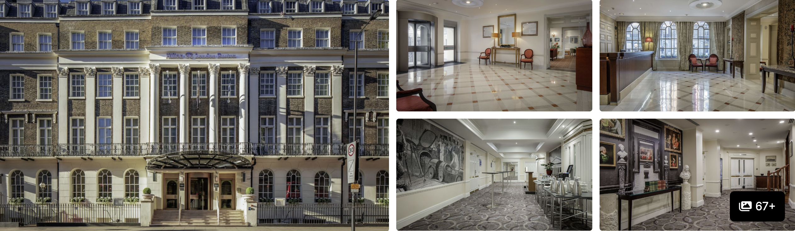 Photos of Hilton London Euston: classic stone facade with entrance canopy, marble lobby, lounge and reception hall