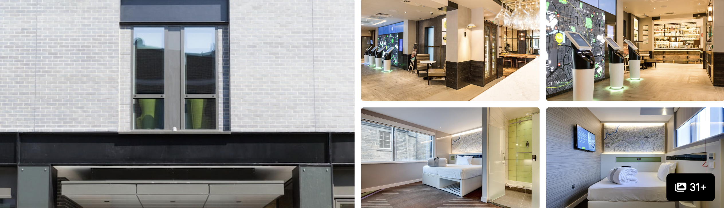 Photos of Premier Inn London King's Cross: brick facade, bright lobby lounge and white-and-green guest rooms