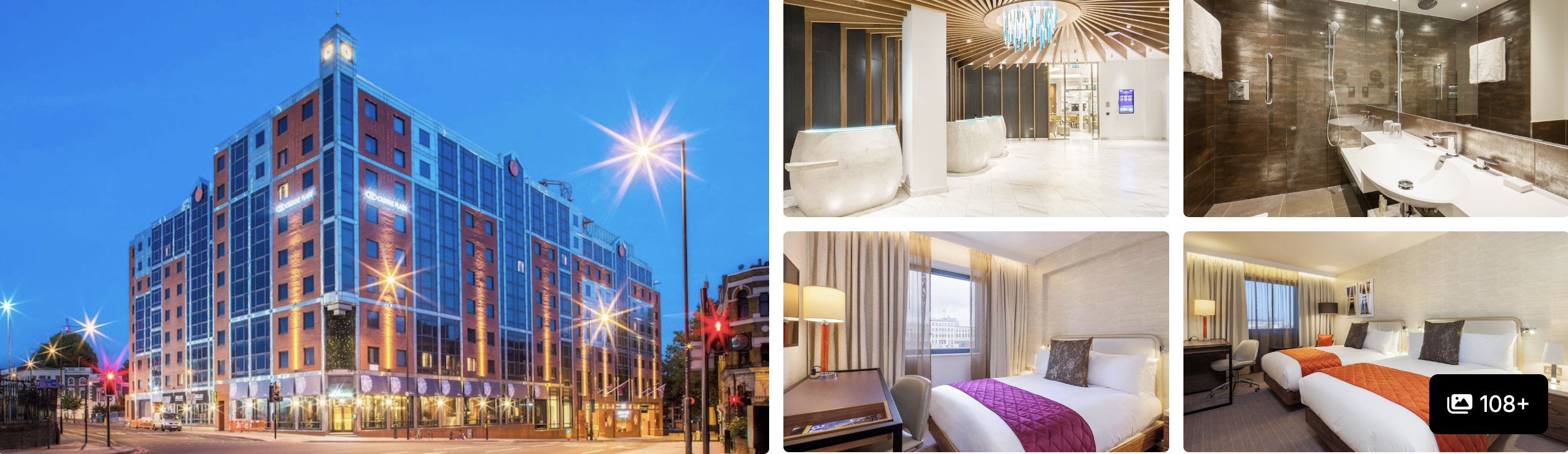Photos of Crowne Plaza London Kings Cross: lit blue-glass exterior at night, guest rooms, bathroom and beds