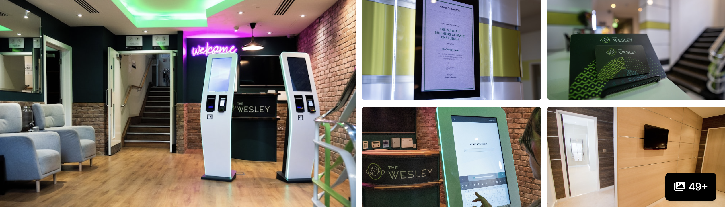 Photos of The Wesley Euston: bright lobby with self-check-in kiosks and welcome sign, seating and branded signage