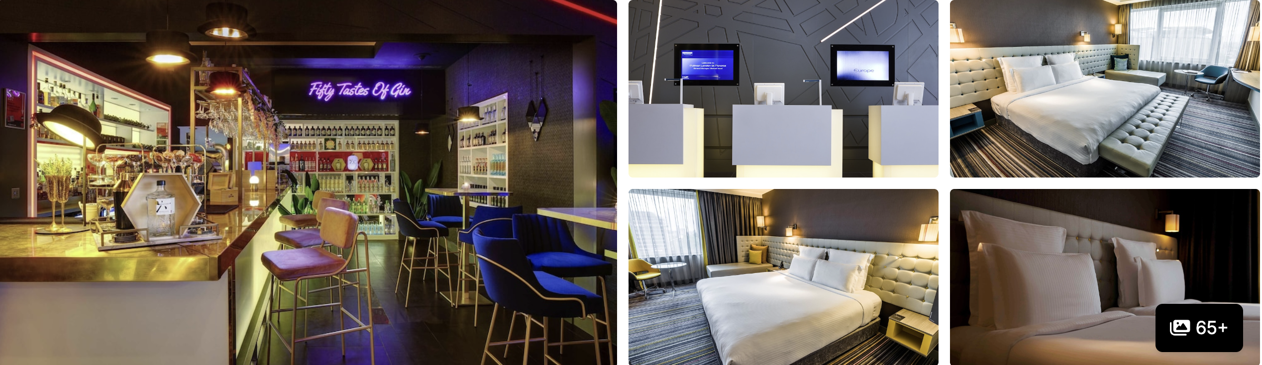 Photos of Pullman London St Pancras: neon-lit bar, modern guest rooms with dark accents and double beds