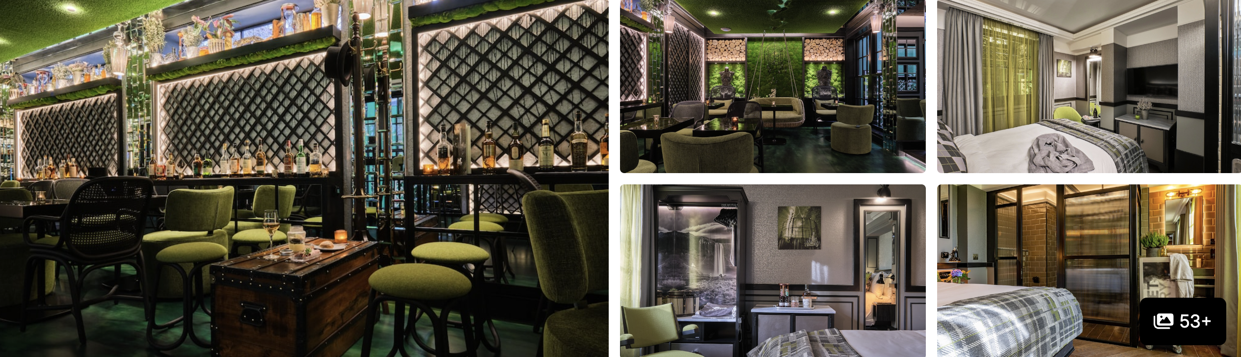 Photos of The Gyle, London: green velvet bar and lounge, dining area and guest rooms with checked throws