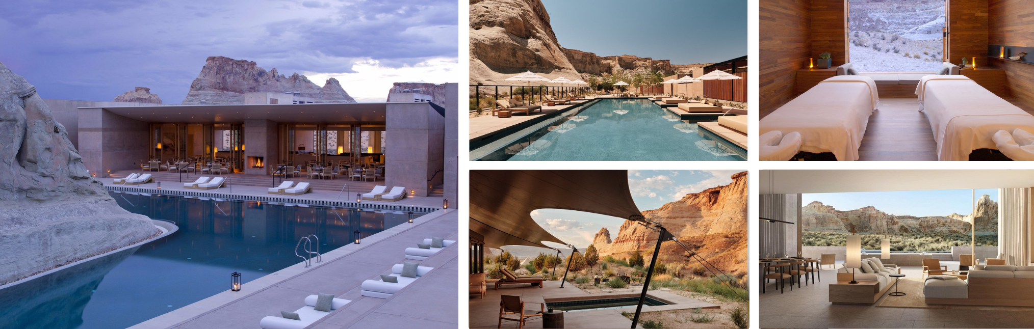 Photos of an Amangiri-style Lake Powell resort: desert pool with red cliffs, spa treatment beds and canyon-view lounges