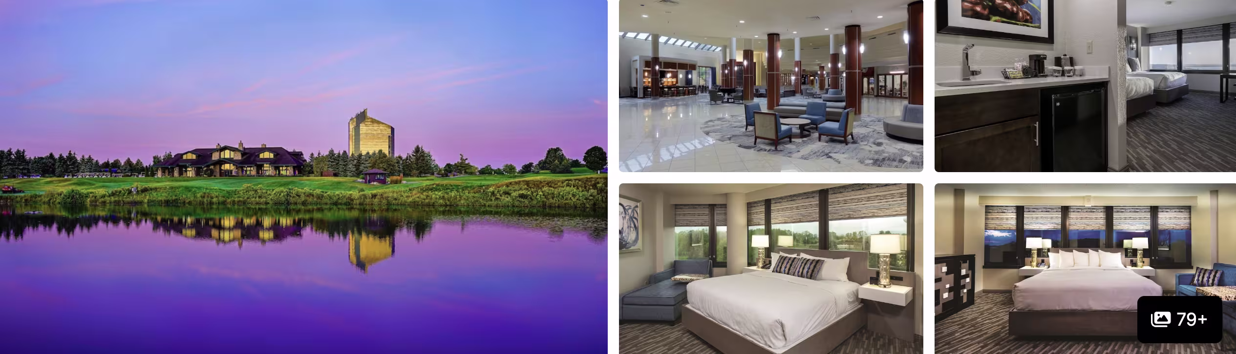 Photos of a Lake Michigan resort: lakeside building at dusk, open lobby, kitchen suite and gray-toned guest rooms