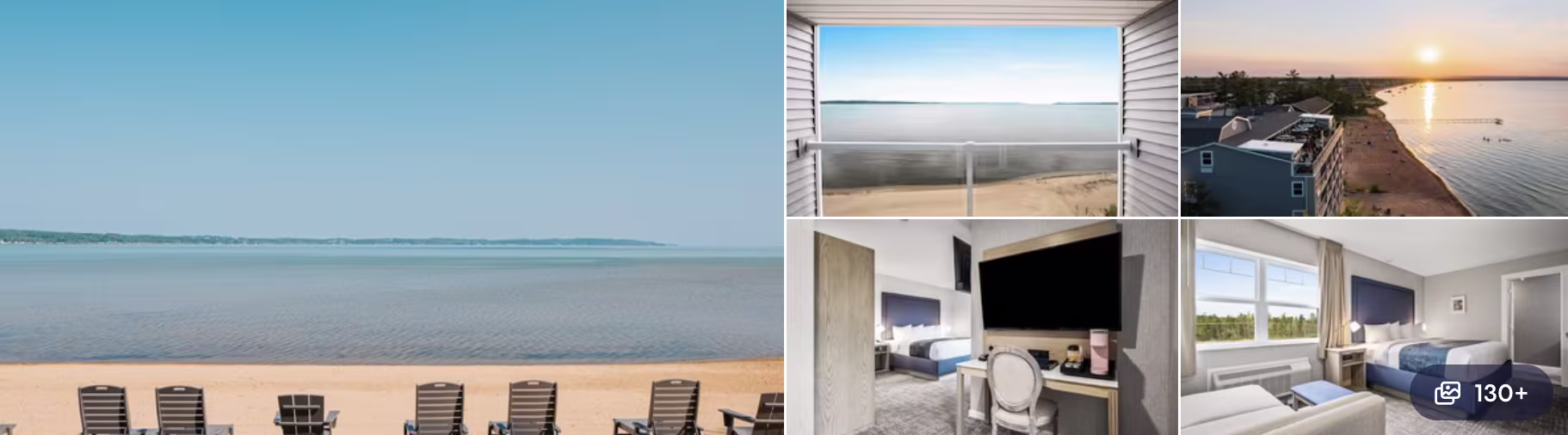 Photos of Grand Traverse Resort and Spa, Michigan: sandy lake beach, bay-view rooms, sunset deck and lounge interiors