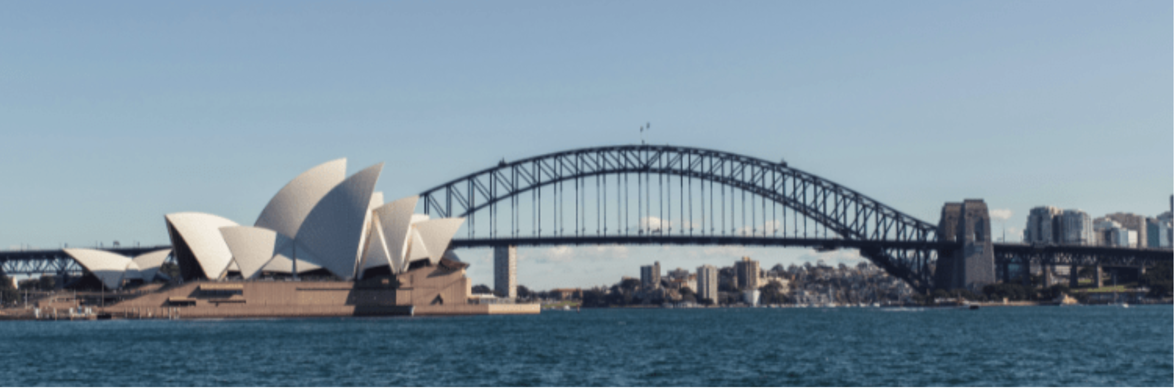 Sydney Harbour with the Sydney Opera House and the Sydney Harbour Bridge under a clear blue sky
