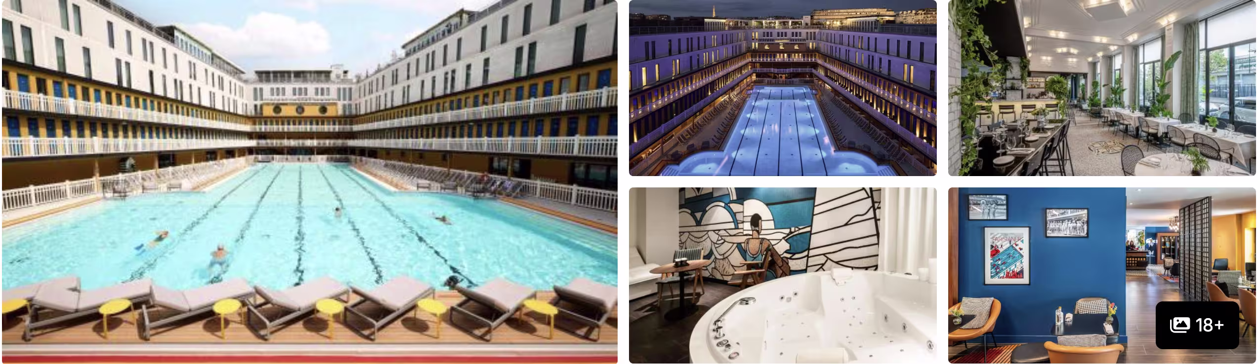 Photos of a hotel near Roland Garros in Paris: Art Deco swimming pool, indoor lap pool, terrace cafe and blue guest room
