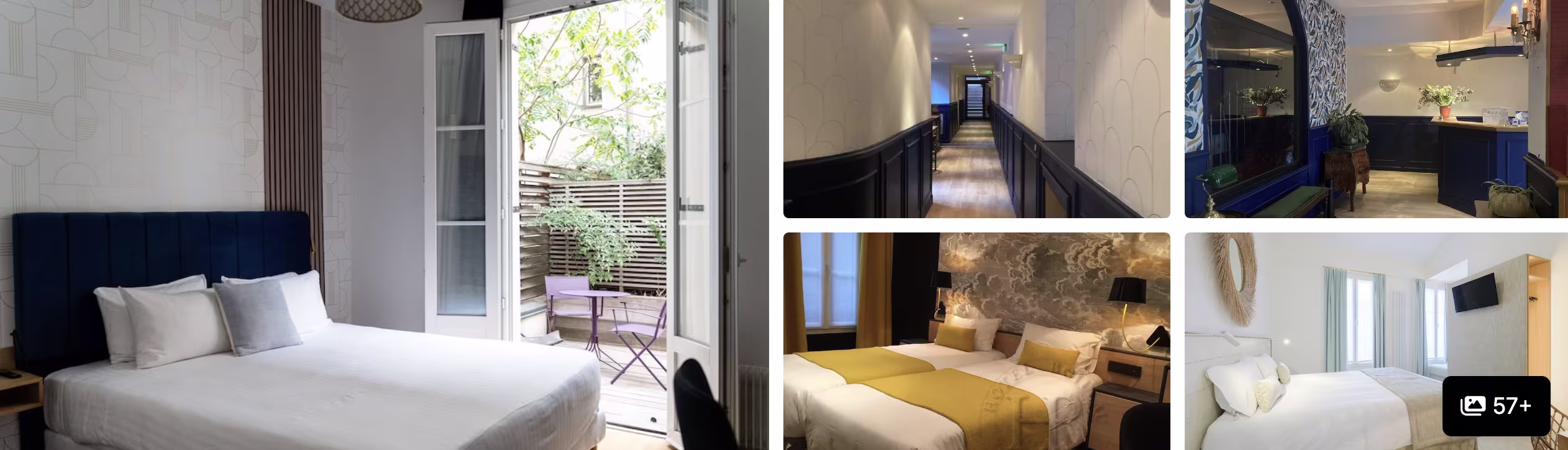 Photos of Molitor Hotel and Spa Paris MGallery near Roland Garros: white-bedded room with terrace, corridor, lobby and guest rooms