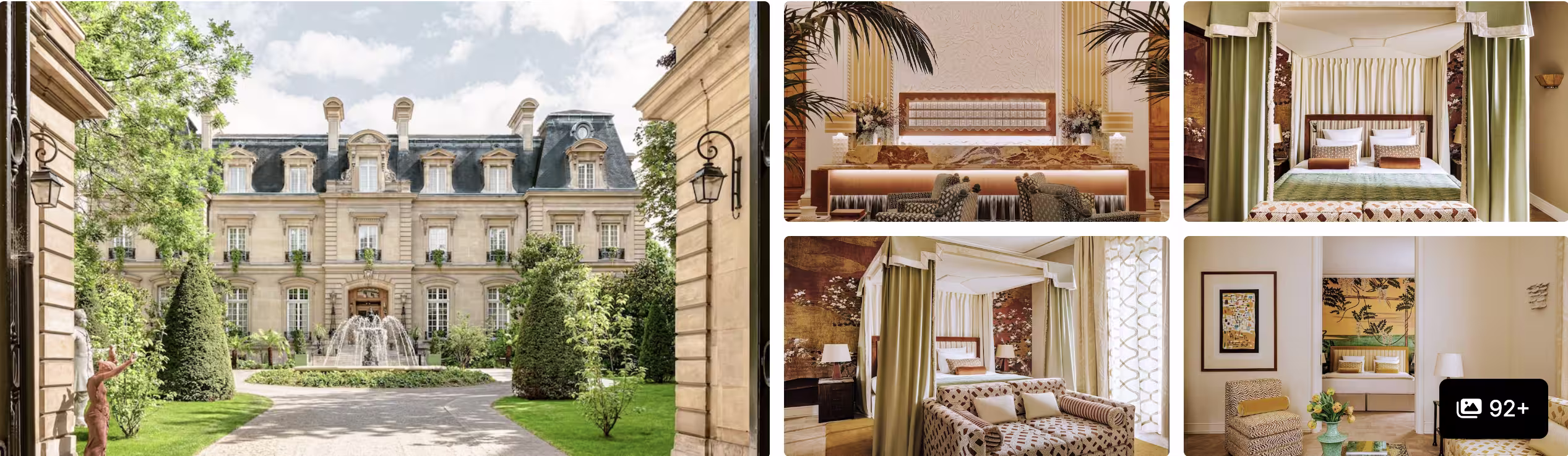Photos of a grand chateau-style Paris hotel near Roland Garros: ornate facade with fountain garden and elegant canopy-bed rooms
