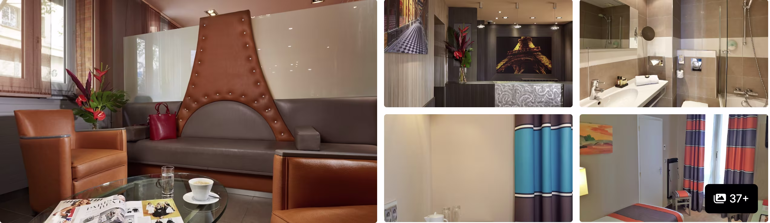 Photos of a Paris hotel with Eiffel Tower motif near Roland Garros: leather lounge, reception, modern bathrooms and guest room