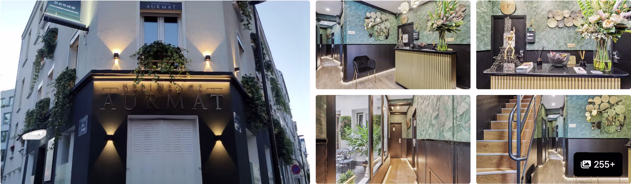 Photos of a Boulogne-Billancourt hotel for the French Open: green marble lobby, reception desk, courtyard and stairway