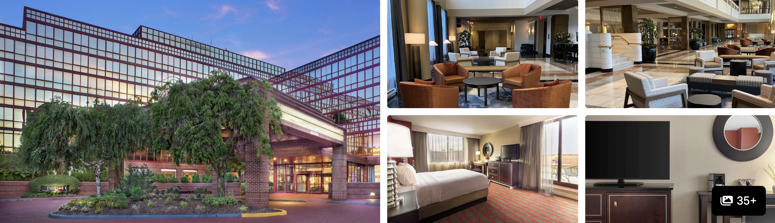 Photos of DoubleTree by Hilton New York LaGuardia Airport: glass facade exterior, lounge seating and guest room