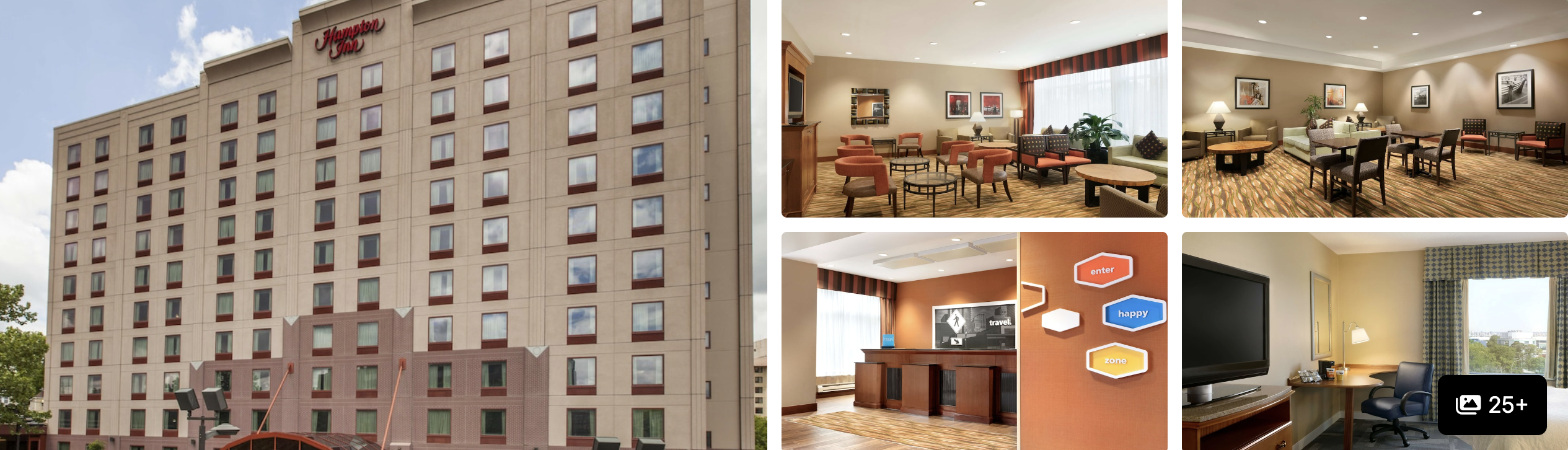 Photos of Hampton Inn New York LaGuardia Airport: tan brick exterior, lobby lounge, breakfast area and reception