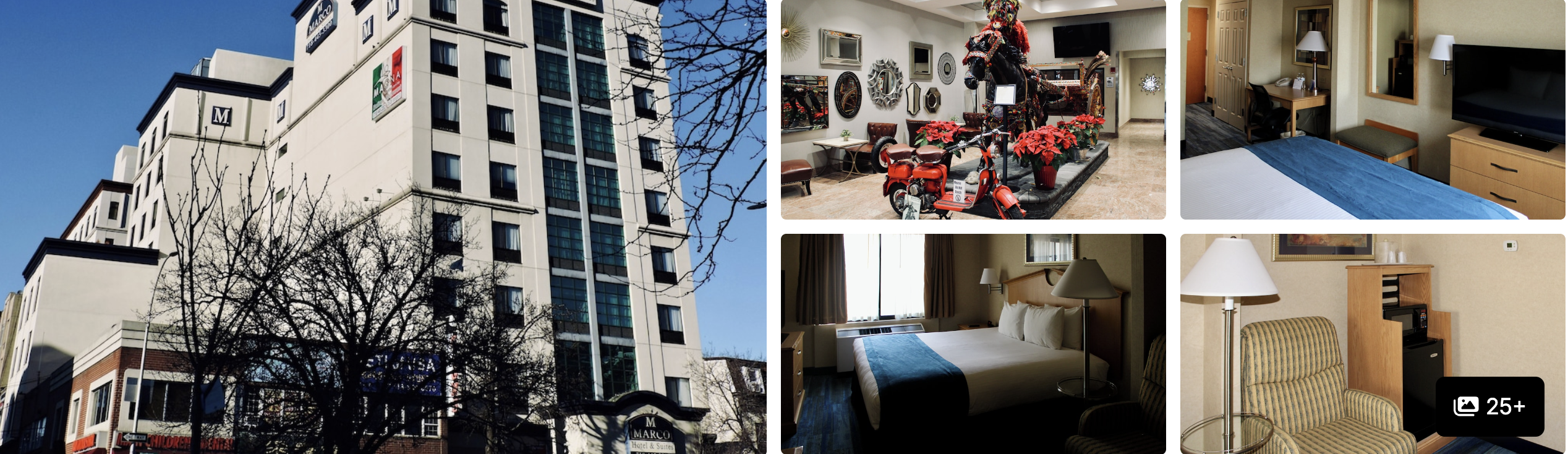 Photos of Marco LaGuardia Hotel and Suites: tall exterior, motorcycle-themed lounge and guest rooms