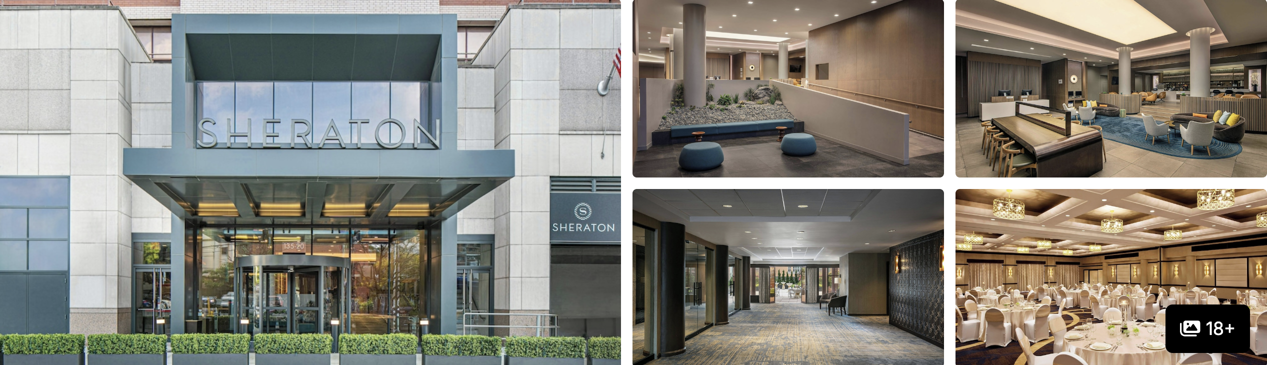 Photos of Sheraton LaGuardia East Hotel: grey stone facade entrance, lobby, corridor and ballroom