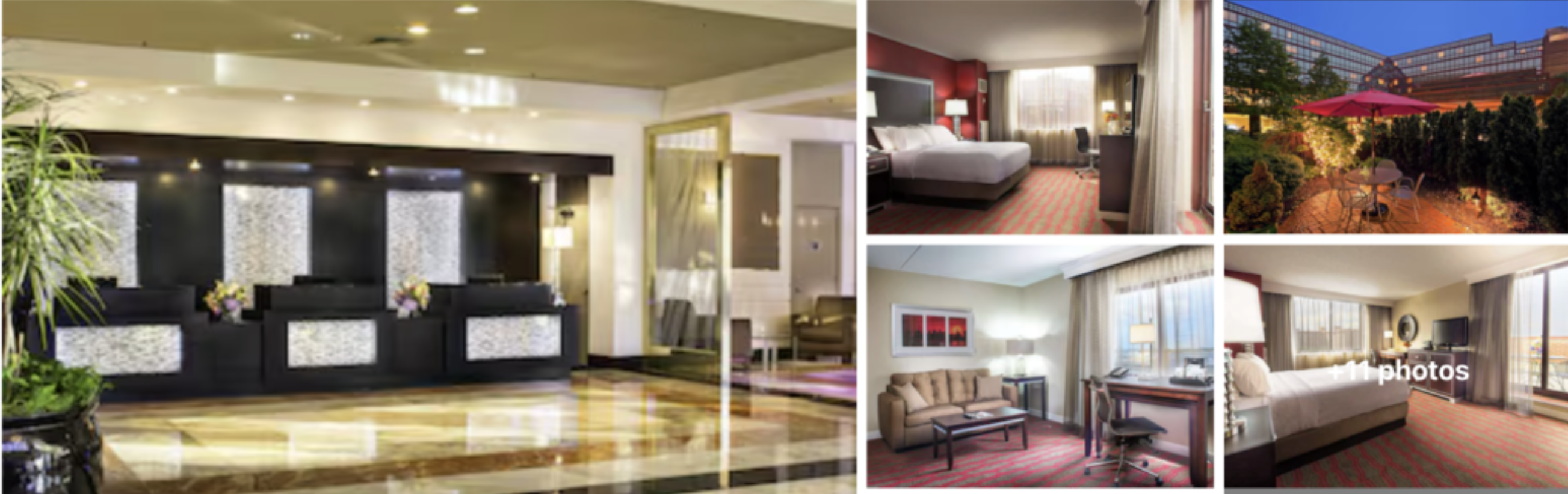 Photos of LaGuardia Plaza Hotel: marble lobby reception, guest rooms and outdoor patio