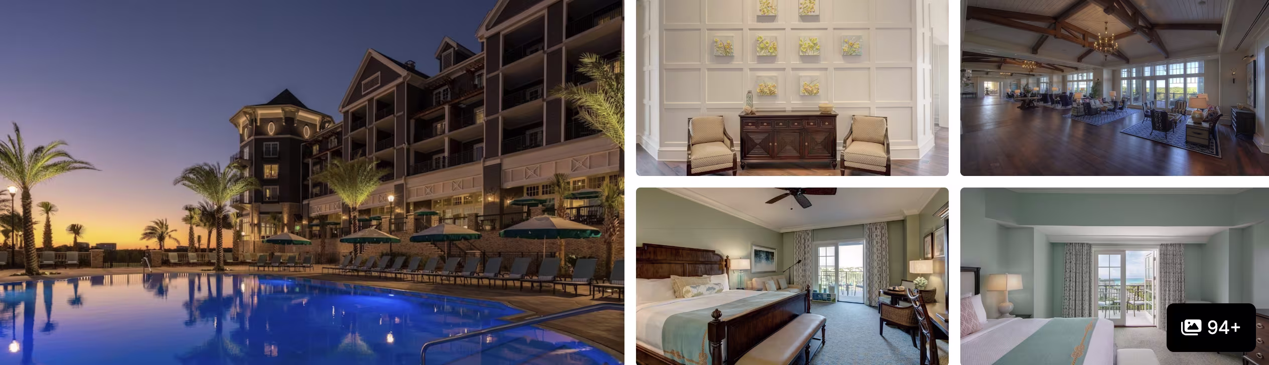 Photos of a Destin, Florida beachfront resort: pool building at sunset, rooftop pool deck and waterfront grounds