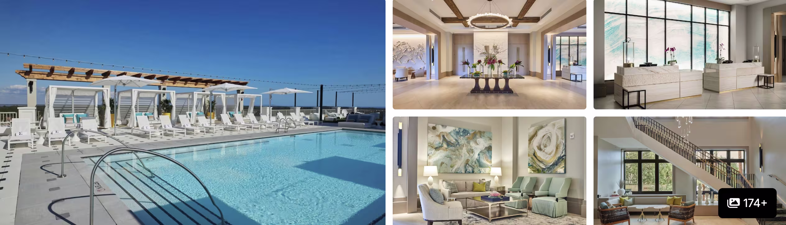 Photos of Henderson Beach Resort in Destin: rooftop pool with cabanas, elegant lobby, lounges and curving staircase