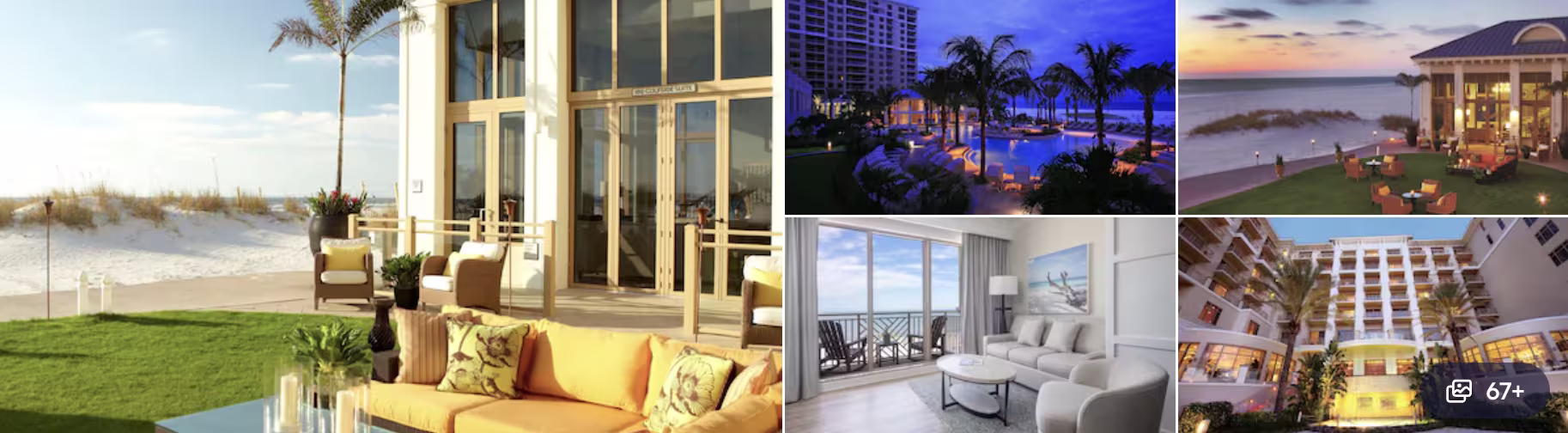 Photos of a Clearwater Beach hotel in the Tampa Bay area: beachfront high-rise on the Gulf, dining lounges and bar seating