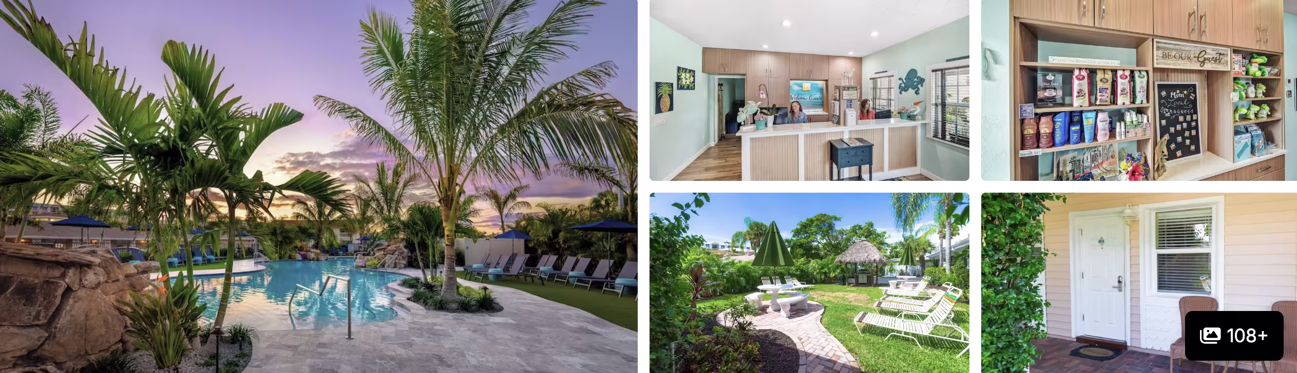 Photos of a Siesta Key, Sarasota property: tropical pool at dusk, kitchen, garden grounds and cottage entrance
