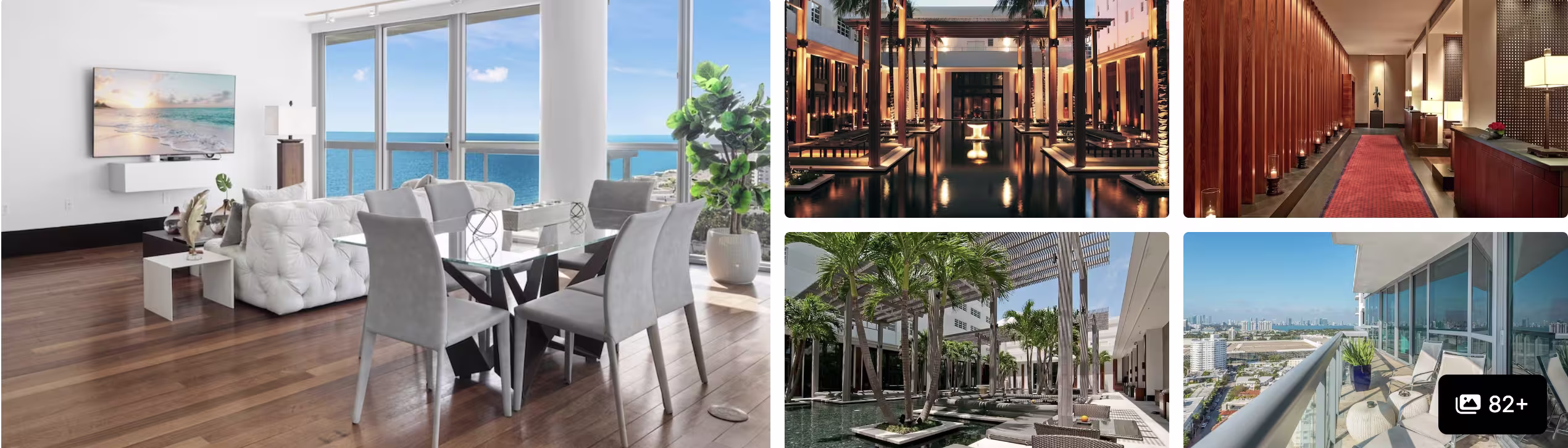 Photos of a Miami Beach hotel: oceanfront dining room, lit reflecting pool, columned terrace and city-view balcony