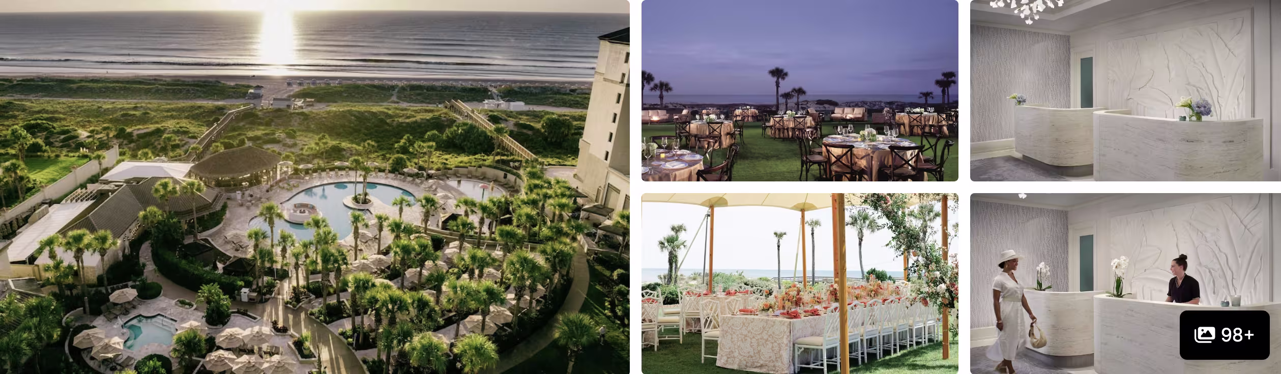 Photos of an Amelia Island, Northeast Florida resort: aerial beachfront grounds, sunset dining lawn, lobby and front desk