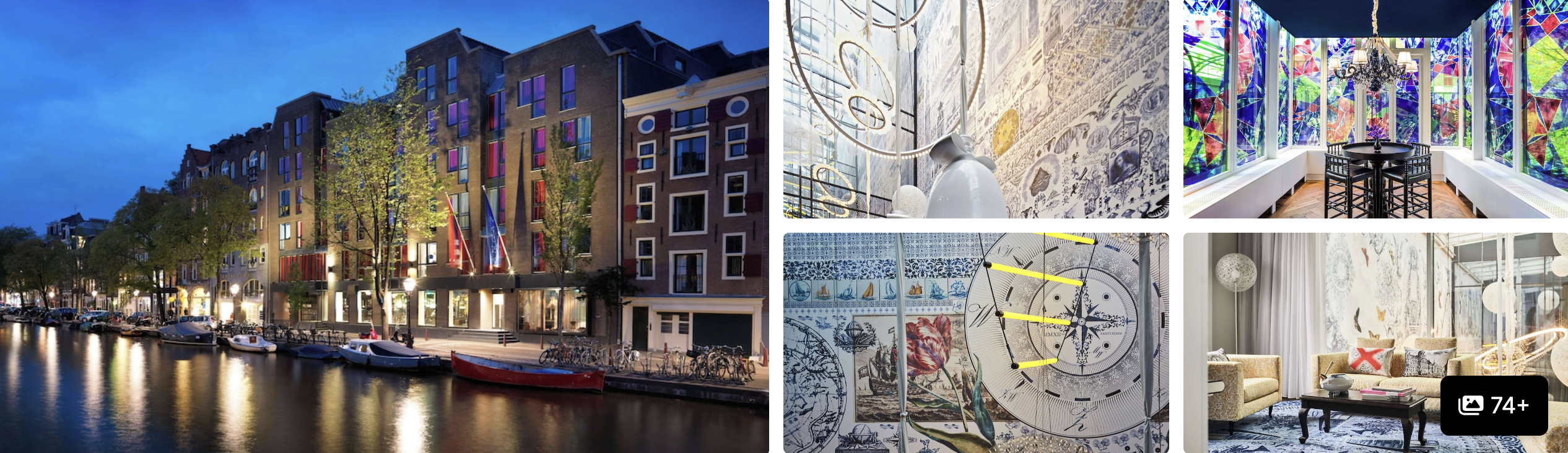 Photos of an Amsterdam canal-side hotel at dusk: illuminated facade, map-themed art and lounge