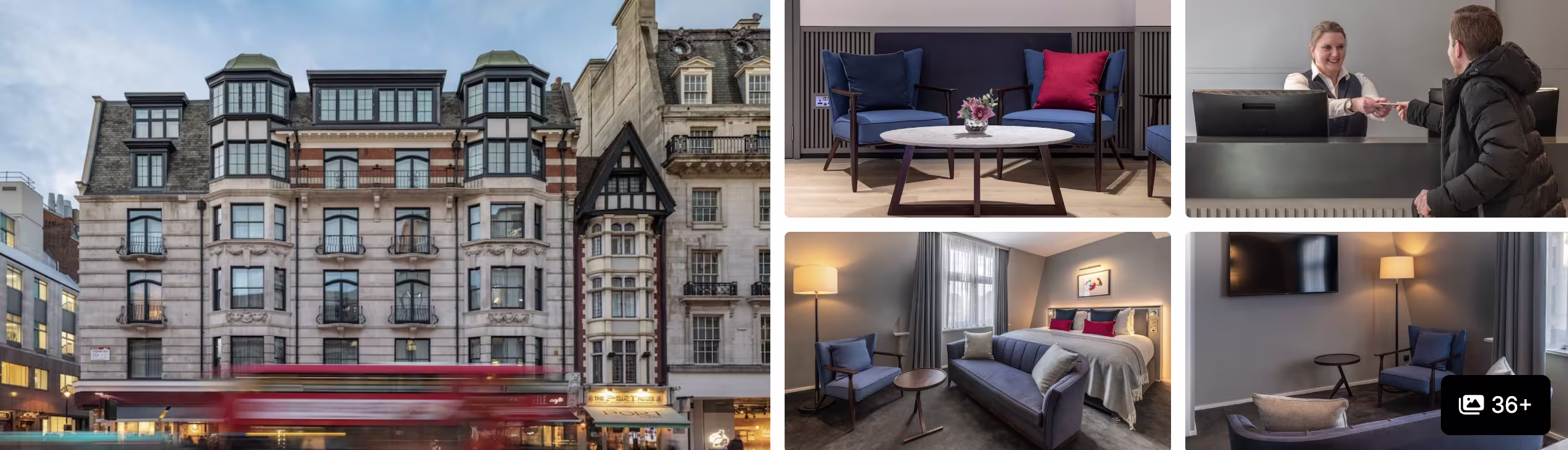 Photos of a Covent Garden hotel, London: red-brick facade, lounge seating, reception and guest room