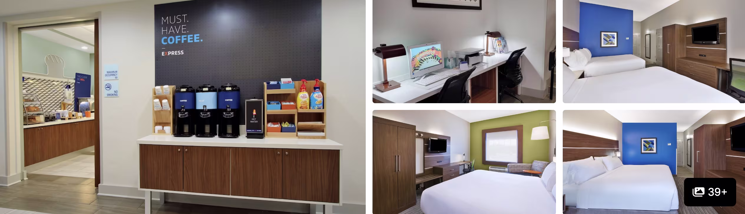 Photos of a Holiday Inn Express hotel near Bonnaroo in Manchester: coffee station, guest rooms with desks and double beds