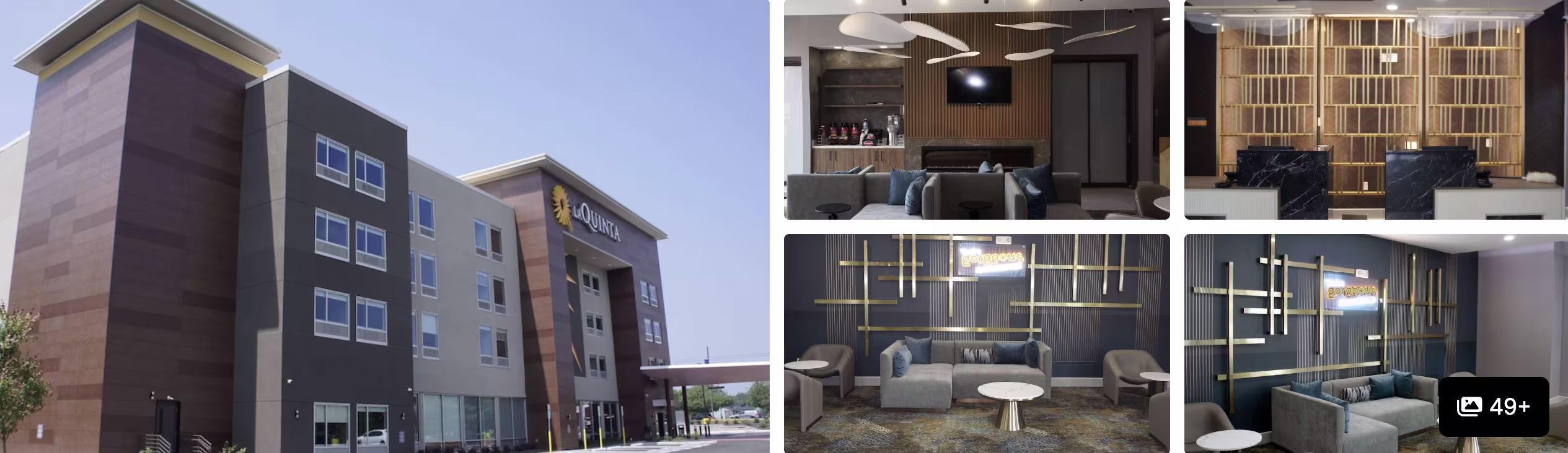 Photos of Holiday Inn Express and Suites Manchester: brick-and-stone exterior, lobby lounge and seating areas