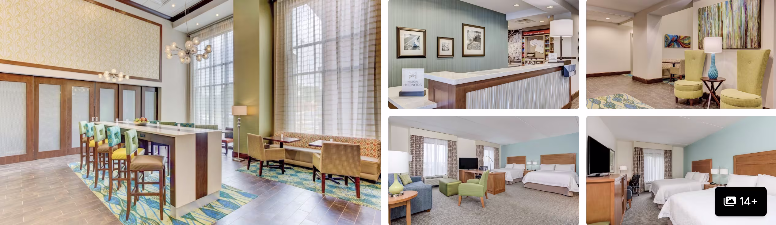Photos of La Quinta Inn and Suites Manchester near Arnold AFB: bar-height seating, guest room, front desk and dining lounge
