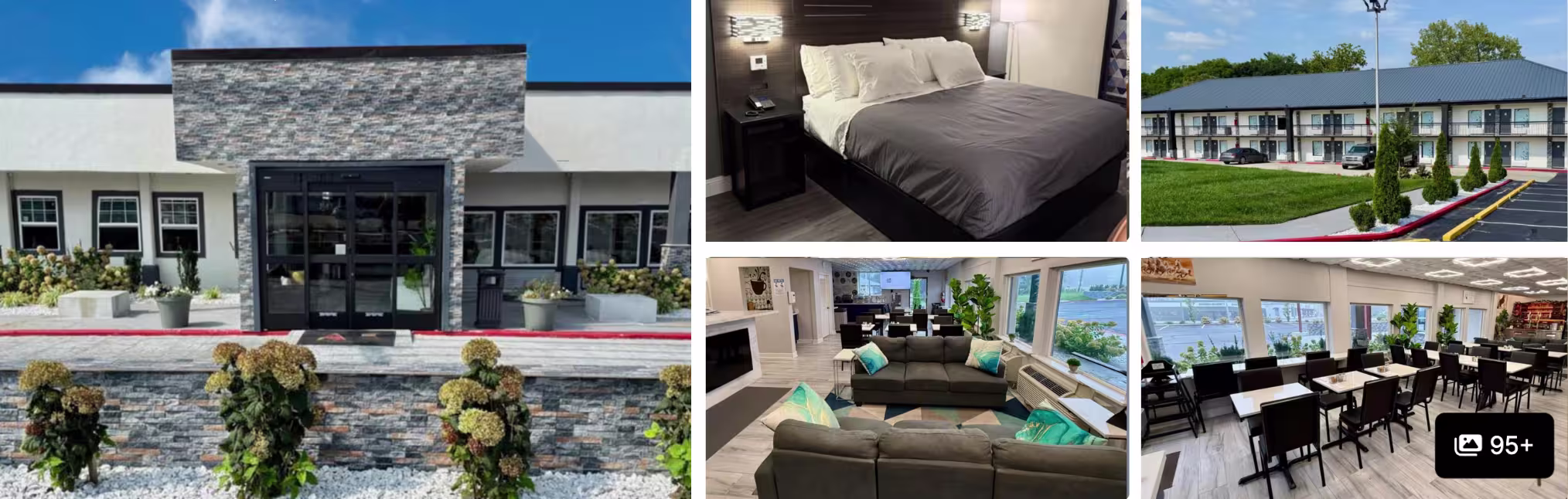 Photos of Sleep Inn and Suites Manchester: exterior at dusk, front desk and lobby seating with columns