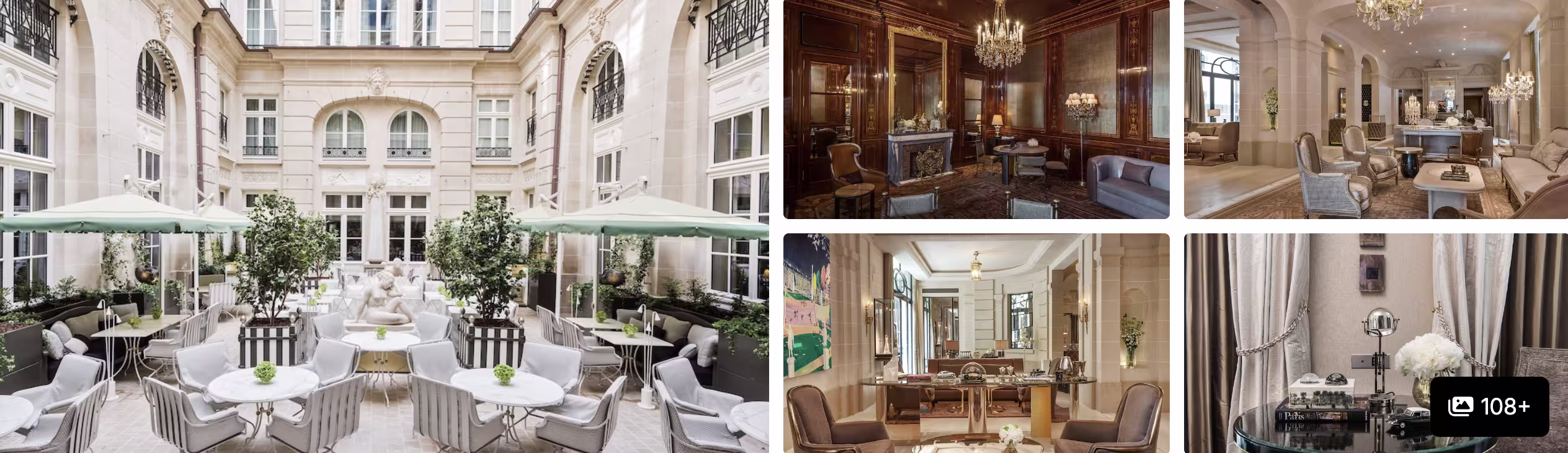 Photos of an elegant Paris hotel: glass-roofed courtyard restaurant, gilded ballroom, lounge and marble facade