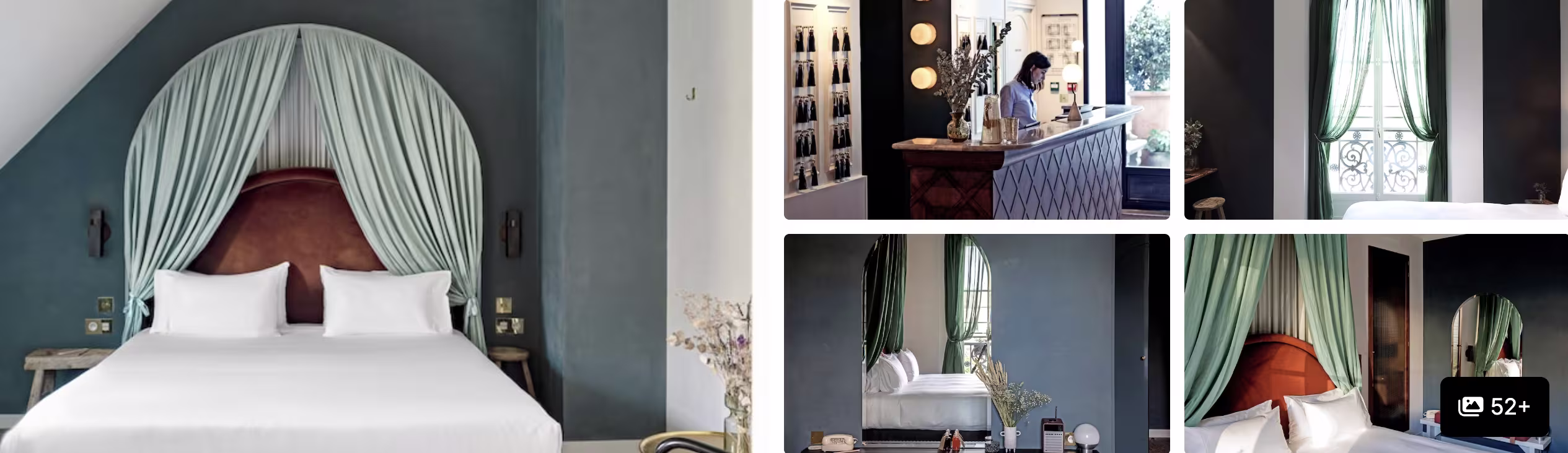 Photos of Hotel du Petit Moulin, Paris: canopied bed, reception desk and blue-toned guest rooms