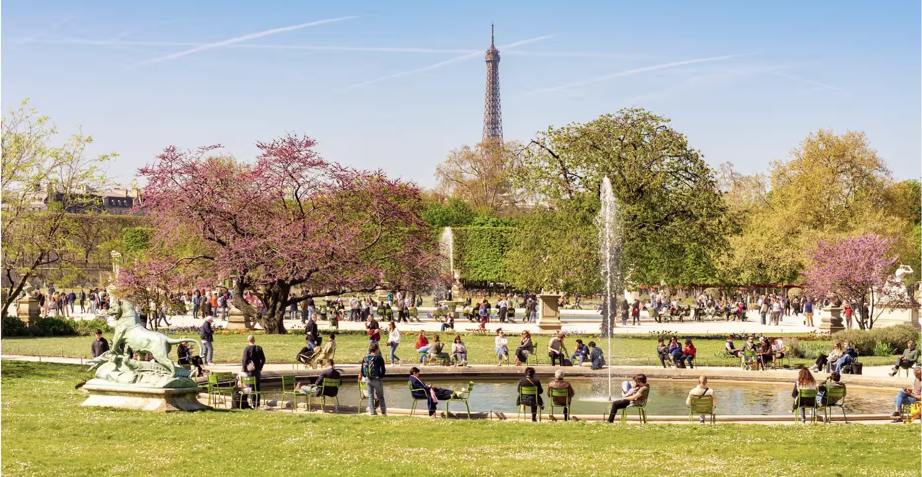 Tuileries Garden in spring with pink cherry blossoms, a fountain pool and the Eiffel Tower in the distance, Paris