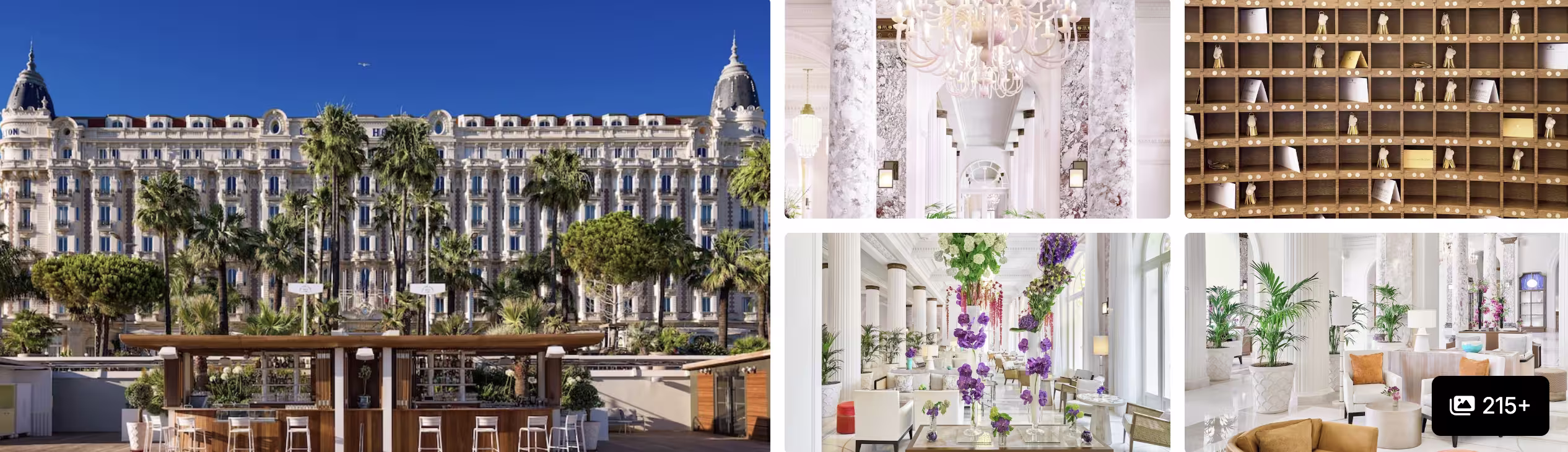 Photos of a palace hotel on La Croisette in Cannes: grand white facade with palms, chandelier, lobby and floral interiors