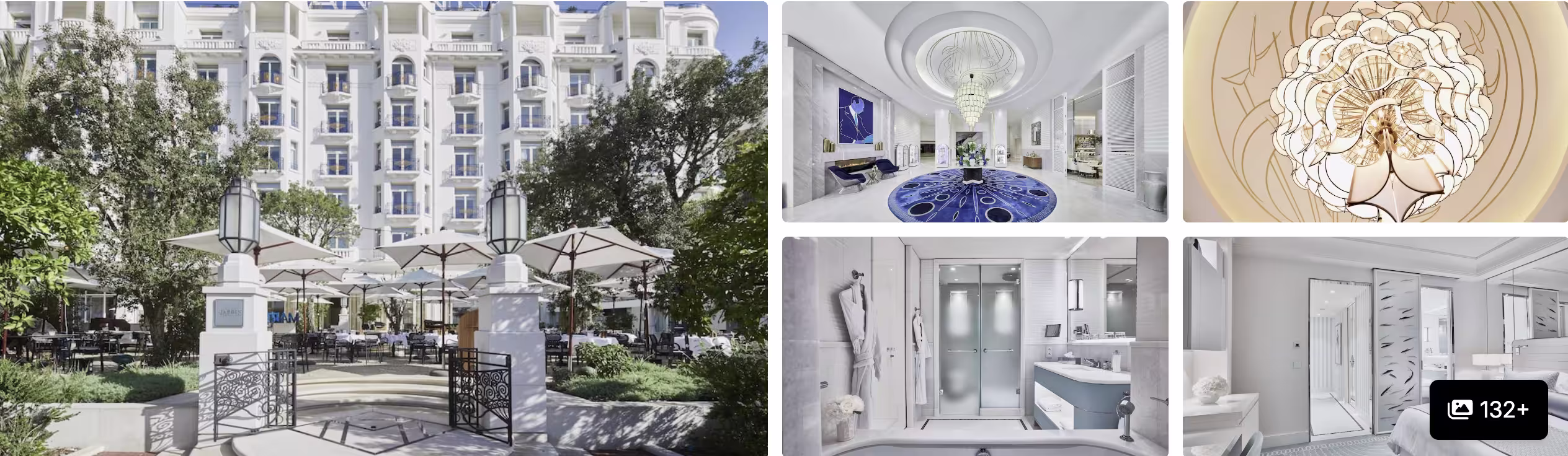 Photos of Hotel Barriere Le Majestic Cannes: white palace facade with garden terrace, domed lobby and marble bathrooms