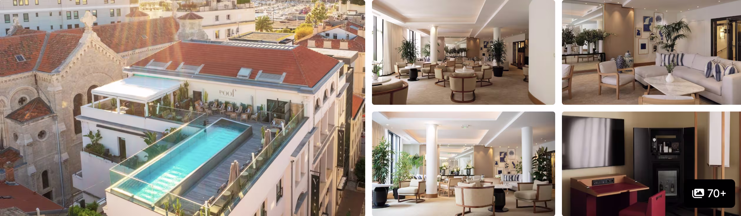 Photos of a luxury boutique hotel in Cannes: rooftop pool overlooking the old town, lounges, lobby bar and guest suite
