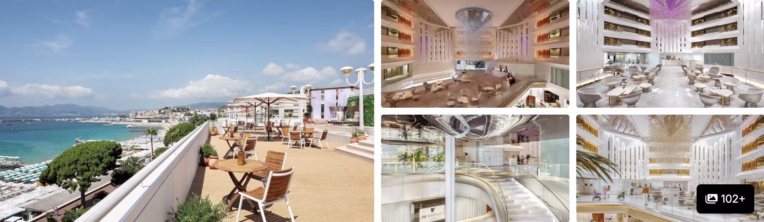 Photos of Five Seas Hotel Cannes: sunny rooftop terrace with sea view, light-filled dining spaces and a curving staircase