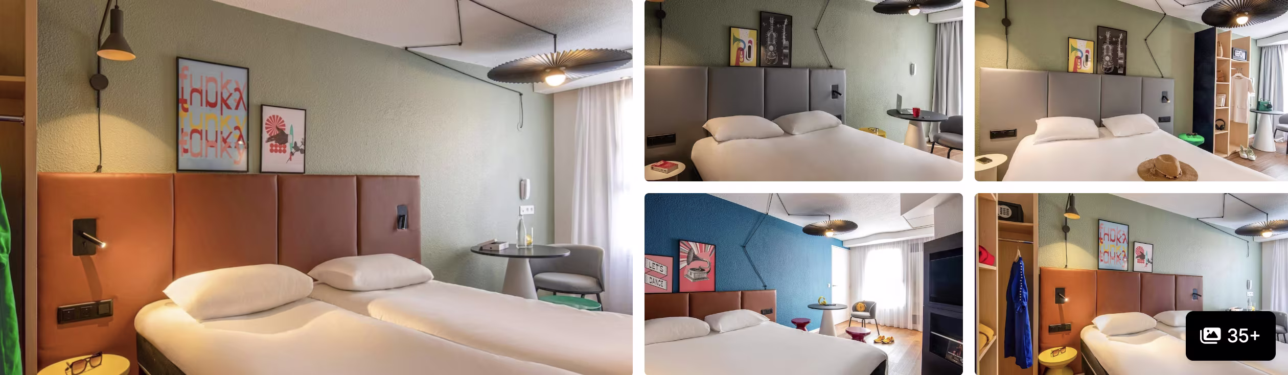 Photos of a budget hotel in Cannes: colorful guest rooms with art-print headboards, beds and bright contemporary decor