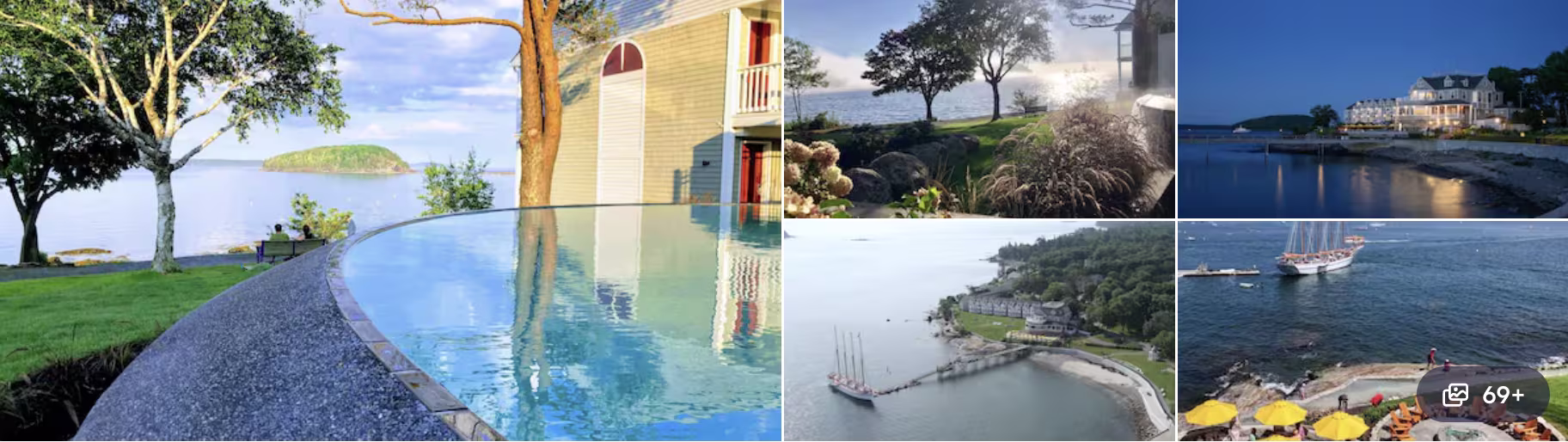 Photos of a coastal resort near Bar Harbor, Maine: infinity pool over the water, hillside villa, bay views and a sailing boat