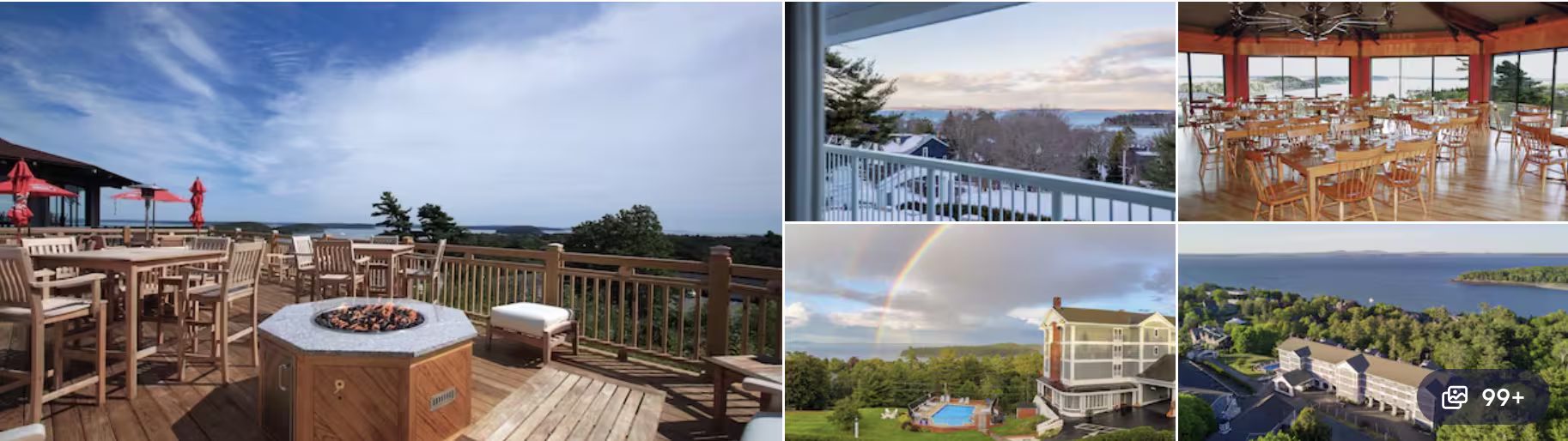 Photos of a Bar Harbor, Maine resort: deck with fire pit and ocean view, covered terrace dining, lakeside lodge and aerial coastline