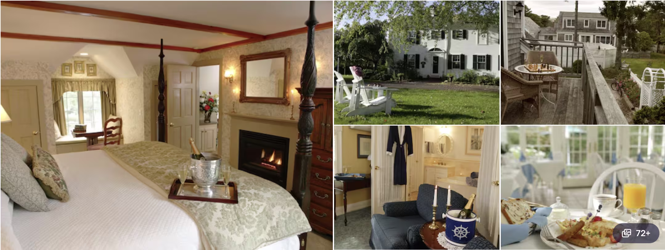 Photos of a Cape Cod, Massachusetts inn: four-poster bedroom with fireplace, white clapboard house, cozy sitting room and breakfast spread