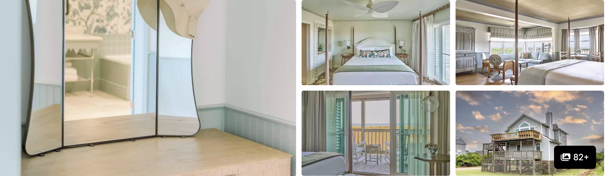Photos of an Outer Banks, North Carolina stay: bedroom with arched mirror, glass-walled rooms, ocean views and a beach house exterior