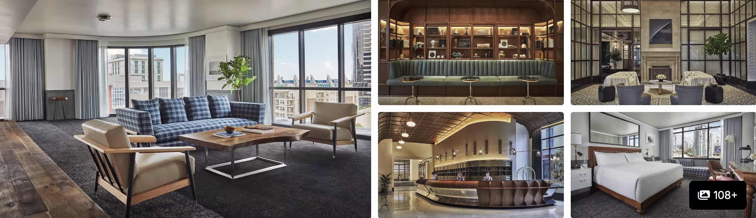 Photos of a San Diego, California hotel: living suite with city view, paneled bar, lobby staircase and guest room