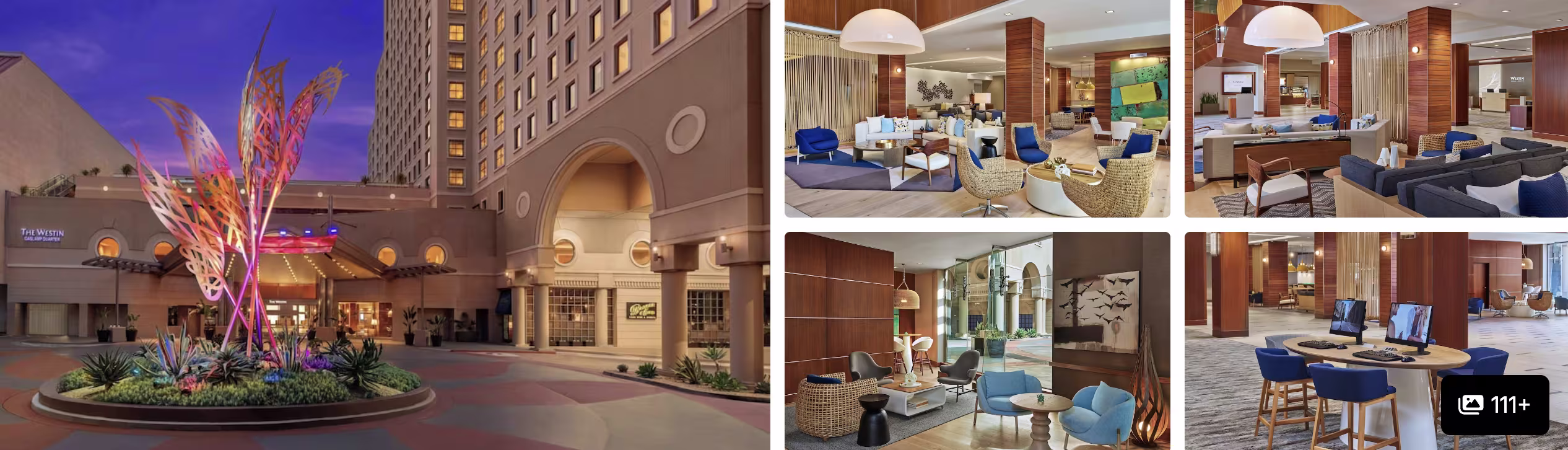 Photos of a San Diego, California hotel: palm-lined illuminated entrance, lobby, lounge seating and dining area