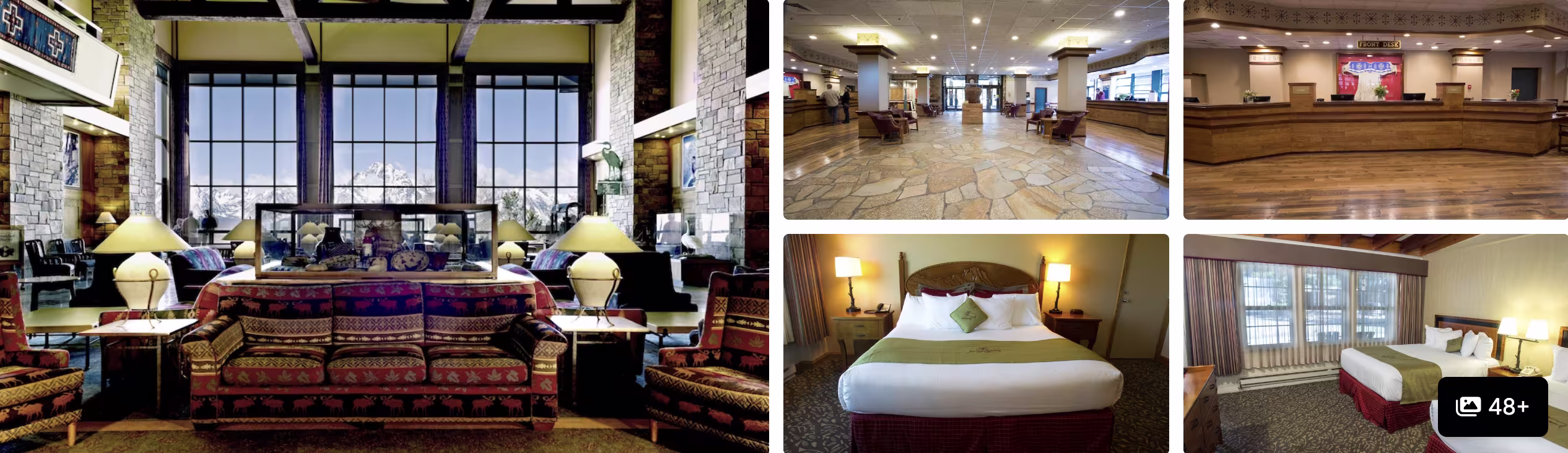 Photos of a Grand Teton National Park, Wyoming lodge: rustic timber lobby with leather sofas, suite, lobby hall and guest rooms