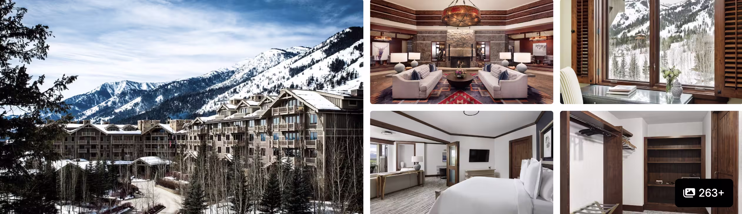 Photos of a Grand Teton National Park, Wyoming resort: snow-capped mountain view over the village, plush suite and bright bedroom
